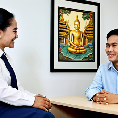 Home 21 **
"A Thai social worker, fully clothed in professional attire, is listening attentively to a young adult with a physical disability in a bright, modern office in Bangkok. The setting includes Thai artwork on the walls and a comfortable seating area. Both figures are smiling gently. Safe for work, appropriate content, perfect anatomy, correct proportions, family-friendly, professional setting."
**