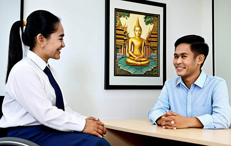 **
"A Thai social worker, fully clothed in professional attire, is listening attentively to a young adult with a physical disability in a bright, modern office in Bangkok. The setting includes Thai artwork on the walls and a comfortable seating area. Both figures are smiling gently. Safe for work, appropriate content, perfect anatomy, correct proportions, family-friendly, professional setting."
**