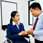 **

"A professional Thai consultant, fully clothed in a modest and respectful business attire, is actively listening to a client with a disability. The setting is a bright and accessible office in Bangkok. The consultant displays empathy and understanding. Perfect anatomy, correct proportions, natural pose, well-formed hands, proper finger count. Safe for work, appropriate content, family-friendly, professional."

**