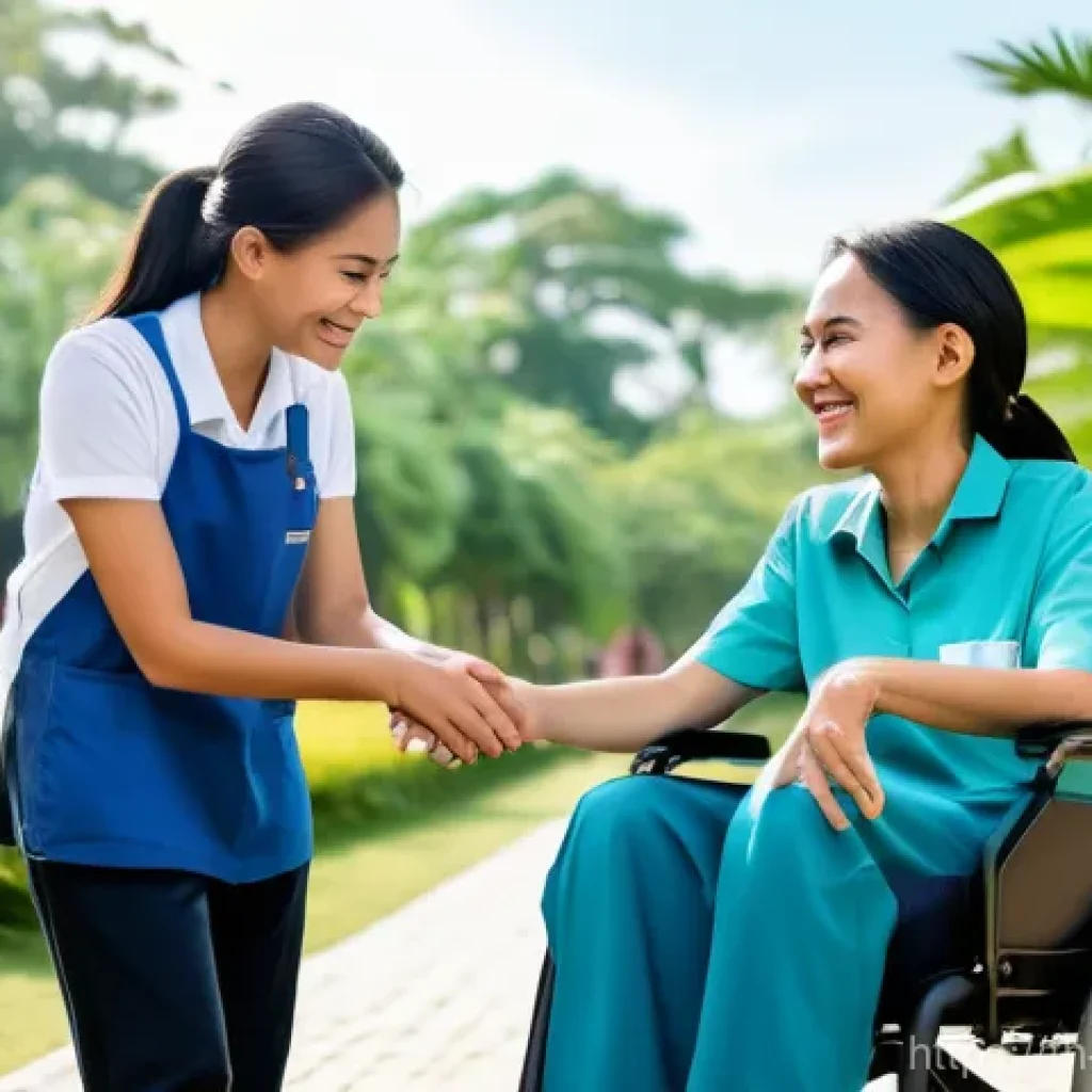장애인상담사 자격증 취득 후 커리어 - **Prompt:** A compassionate female caregiver, dressed in a modest, comfortable uniform, gently assis...
