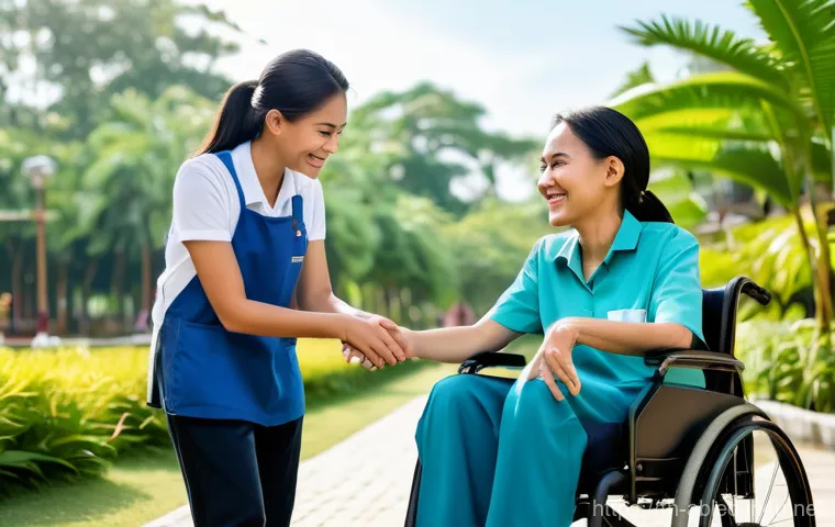장애인상담사 자격증 취득 후 커리어 - **Prompt:** A compassionate female caregiver, dressed in a modest, comfortable uniform, gently assis...