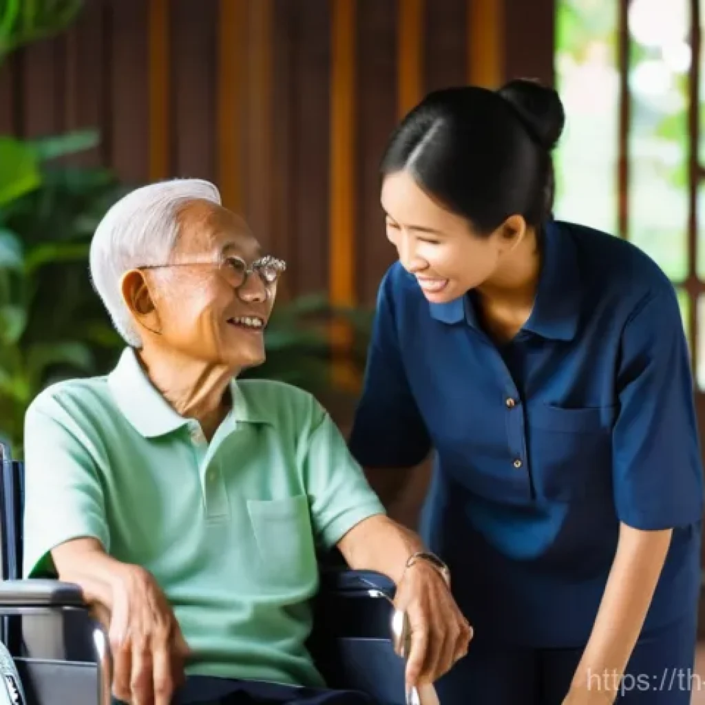 장애인상담사 직무 능력 - A heartwarming close-up shot depicting a compassionate Thai social worker, a woman in her late 20s w...