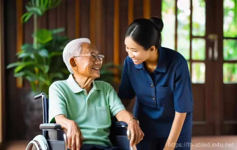 장애인상담사 직무 능력 - A heartwarming close-up shot depicting a compassionate Thai social worker, a woman in her late 20s w...