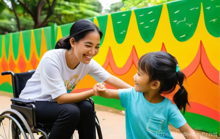 장애인상담사 직무 능력 - A vibrant and dynamic scene set inside a modern, accessible Thai community technology center. A youn...