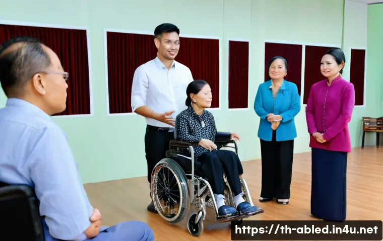 장애인상담사 커리어 발전 - A professional workshop scene in a modern Thai community center, showing a diverse group of disabled...