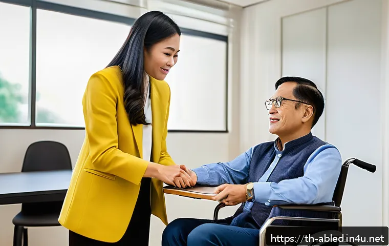 장애인상담사 재교육 - A professional counseling session in a modern Thai office setting, featuring a compassionate counsel...