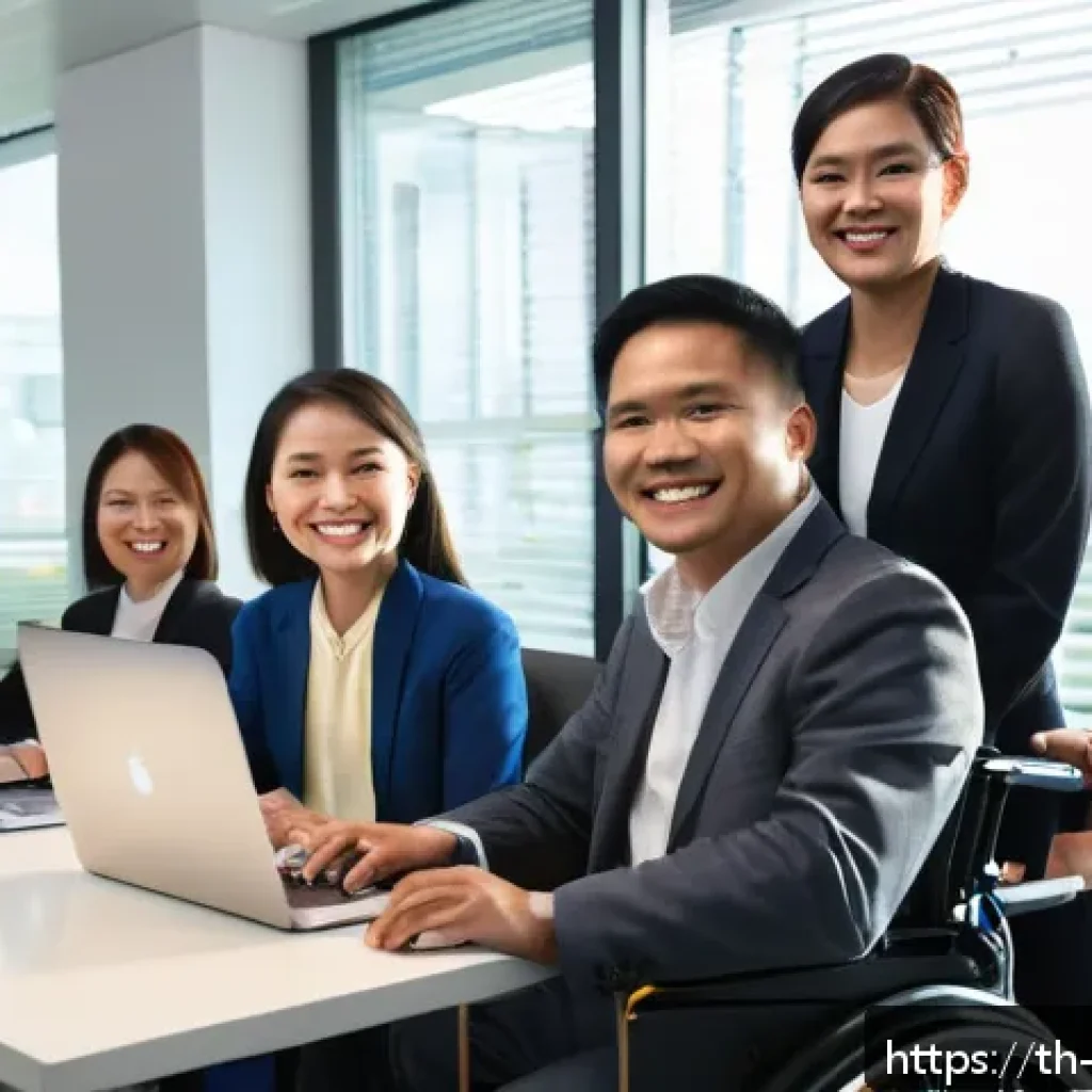 장애인상담사 직무 평가 - A professional setting showing a diverse group of disability consultants in an office environment en...