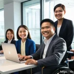 Home 18 장애인상담사 직무 평가 - A professional setting showing a diverse group of disability consultants in an office environment en...
