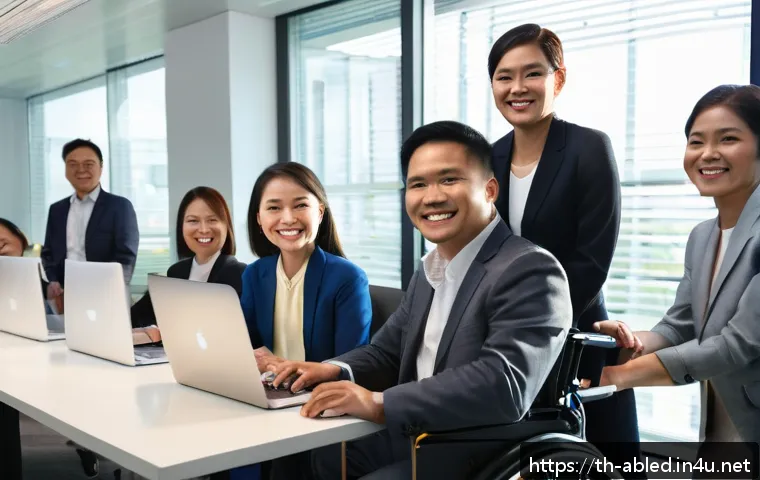 장애인상담사 직무 평가 - A professional setting showing a diverse group of disability consultants in an office environment en...