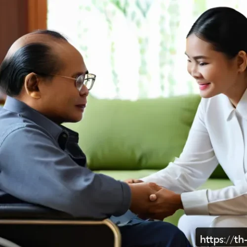Home 29 장애인상담사 사례 분석 - A compassionate counseling session in a cozy Thai living room setting, featuring a middle-aged Thai ...