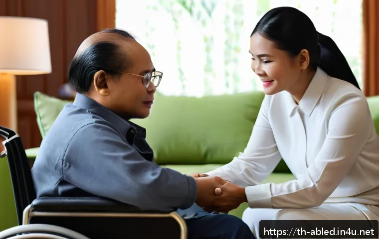 장애인상담사 사례 분석 - A compassionate counseling session in a cozy Thai living room setting, featuring a middle-aged Thai ...
