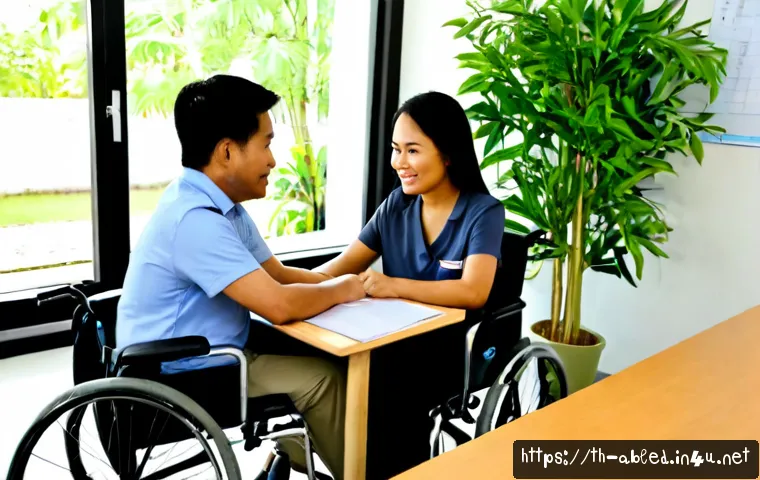 Home 17 장애인상담사 업무 목표 설정 - Photorealistic Thai disability counselor in a bright accessible community support office, warmly dis...
